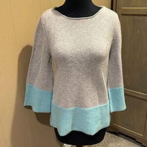 The Color Mustard gray/mint colorblock 100% cashmere subtle bell sleeve sweater